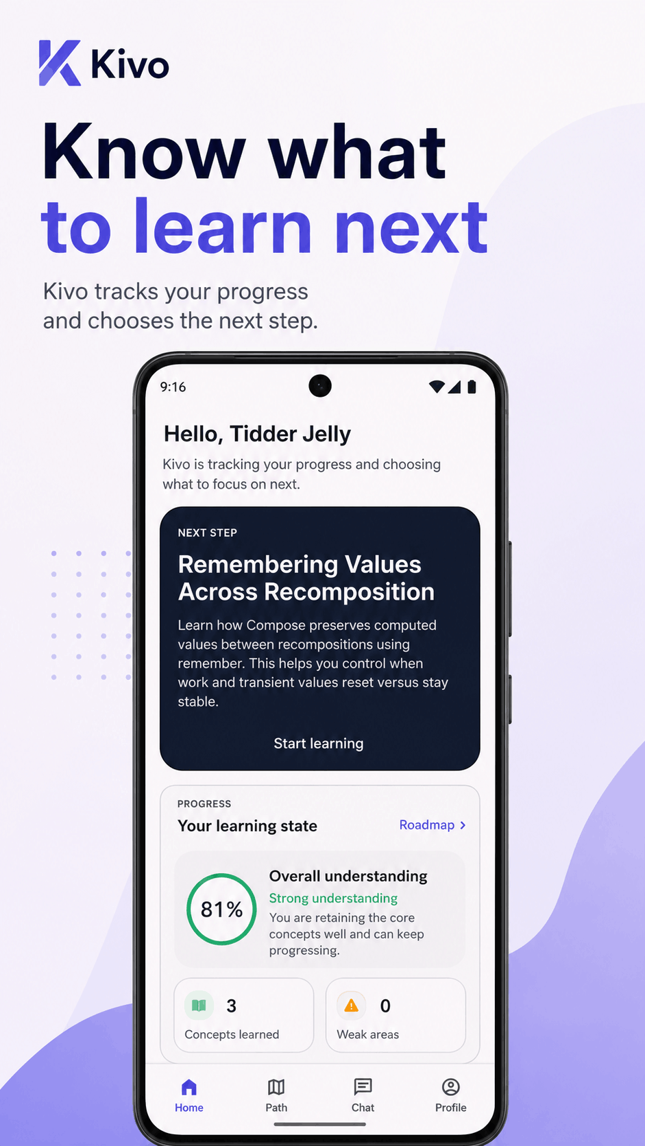 Aulo Android app home screen showing the next learning step and current progress