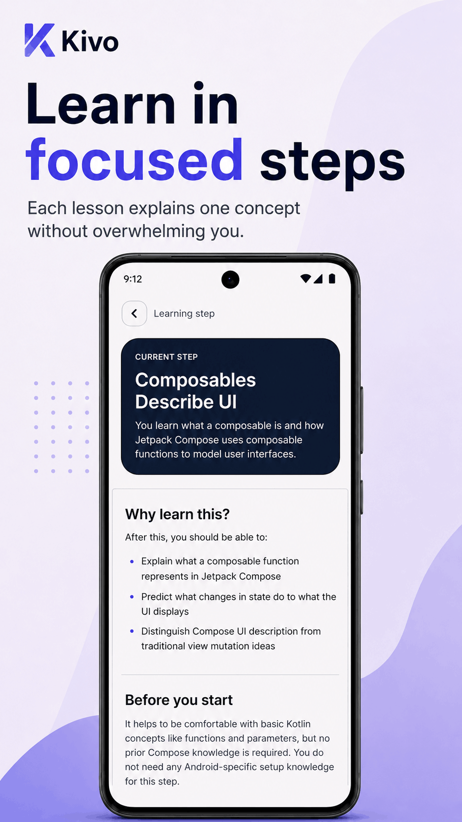 Aulo Android app lesson screen explaining one focused learning concept