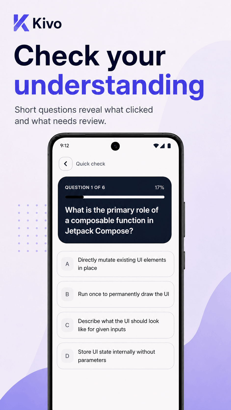 Aulo Android app quick check screen with a multiple choice question