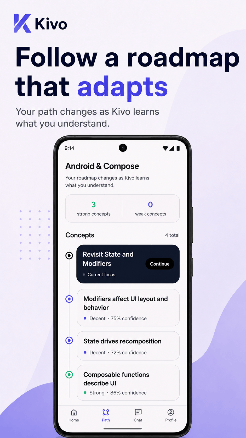 Aulo Android app adaptive roadmap screen showing strong and weak concepts